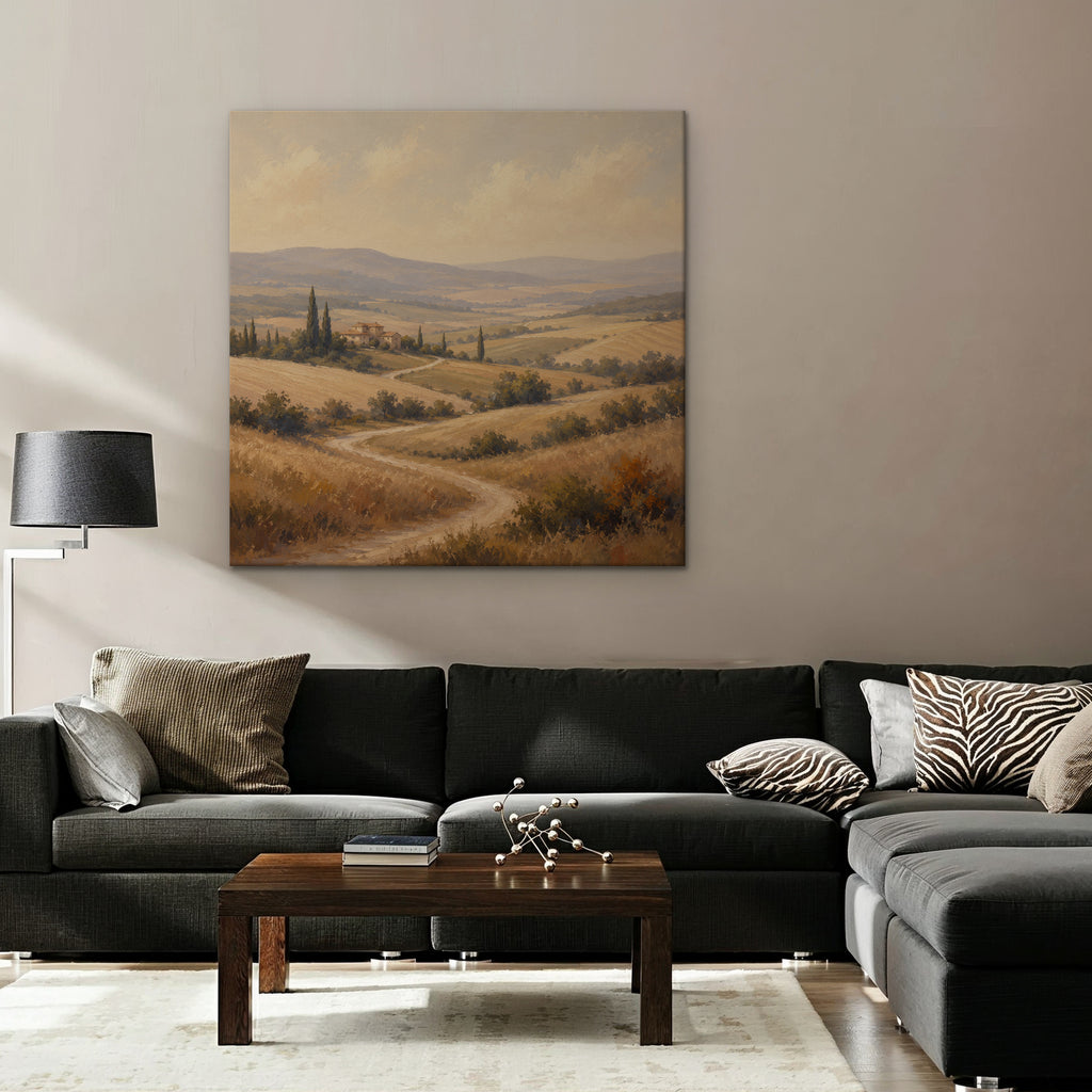 Golden Tuscan Fields Canvas Art – square golden countryside landscape print as a gallery-wrapped canvas in a taupe living room