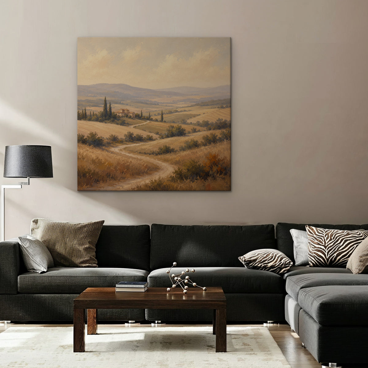 Golden Tuscan Fields Canvas Art – square golden countryside landscape print as a gallery-wrapped canvas in a taupe living room