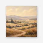 Golden Tuscan Fields Canvas Art – square golden countryside landscape print as a gallery-wrapped canvas on a white background