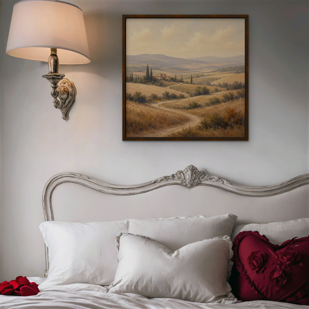 Golden Tuscan Fields Canvas Art – square golden countryside landscape print in a walnut floating frame in a bedroom