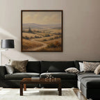 Golden Tuscan Fields Canvas Art – square golden countryside landscape print in a walnut floating frame in a taupe living room