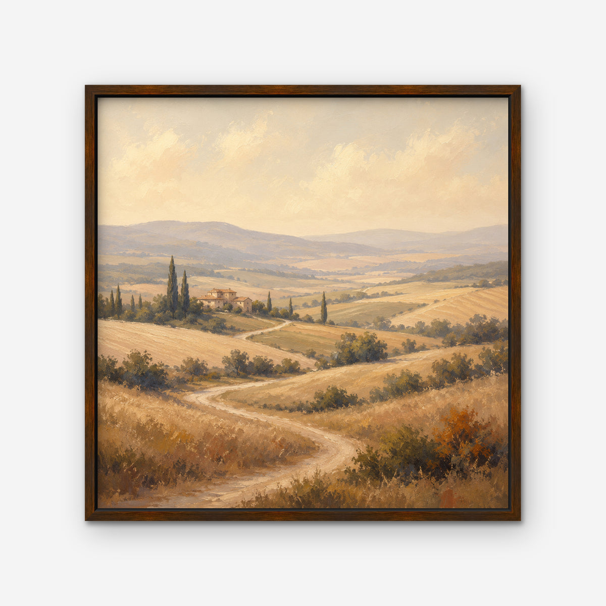 Golden Tuscan Fields Canvas Art – square golden countryside landscape print in a walnut floating frame on a white background