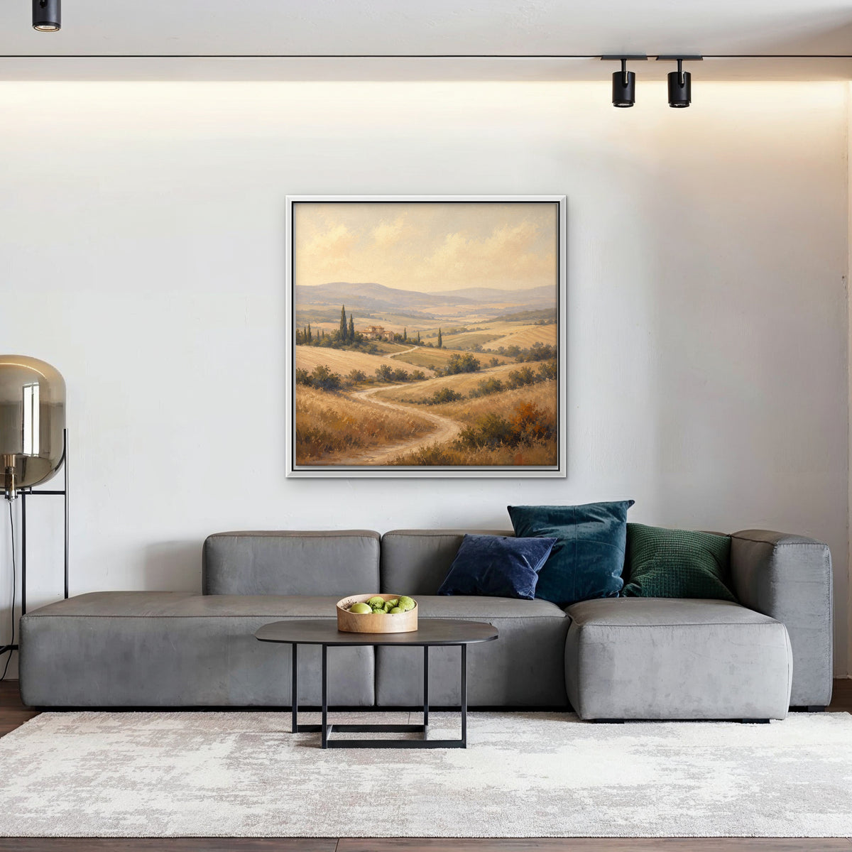 Golden Tuscan Fields Canvas Art - Square – White Floating Frame in room setting