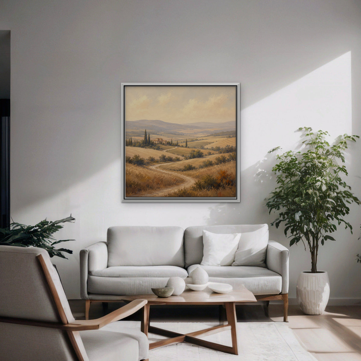 Golden Tuscan Fields Canvas Art - Square – White Floating Frame in room setting