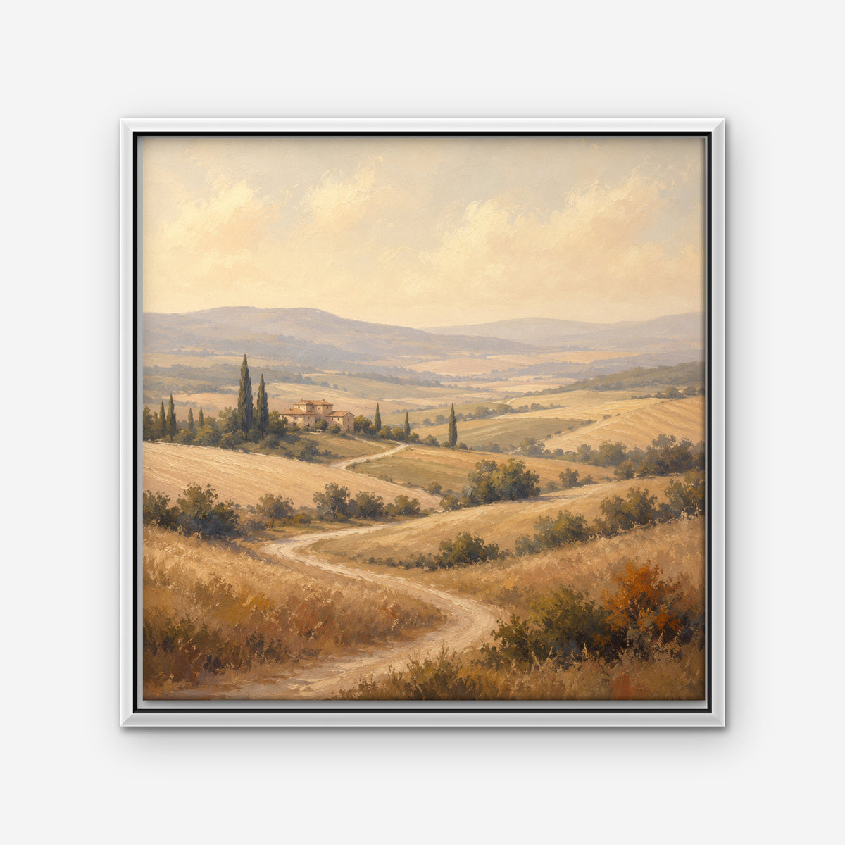 Golden Tuscan Fields Canvas Art - Square – White Floating Frame on white background