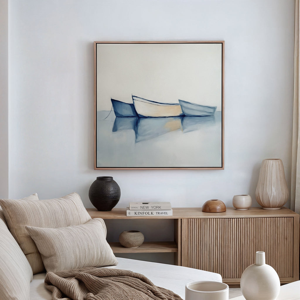 Three Boats at Anchor – blue vintage canvas wall art print by Aspire Prints