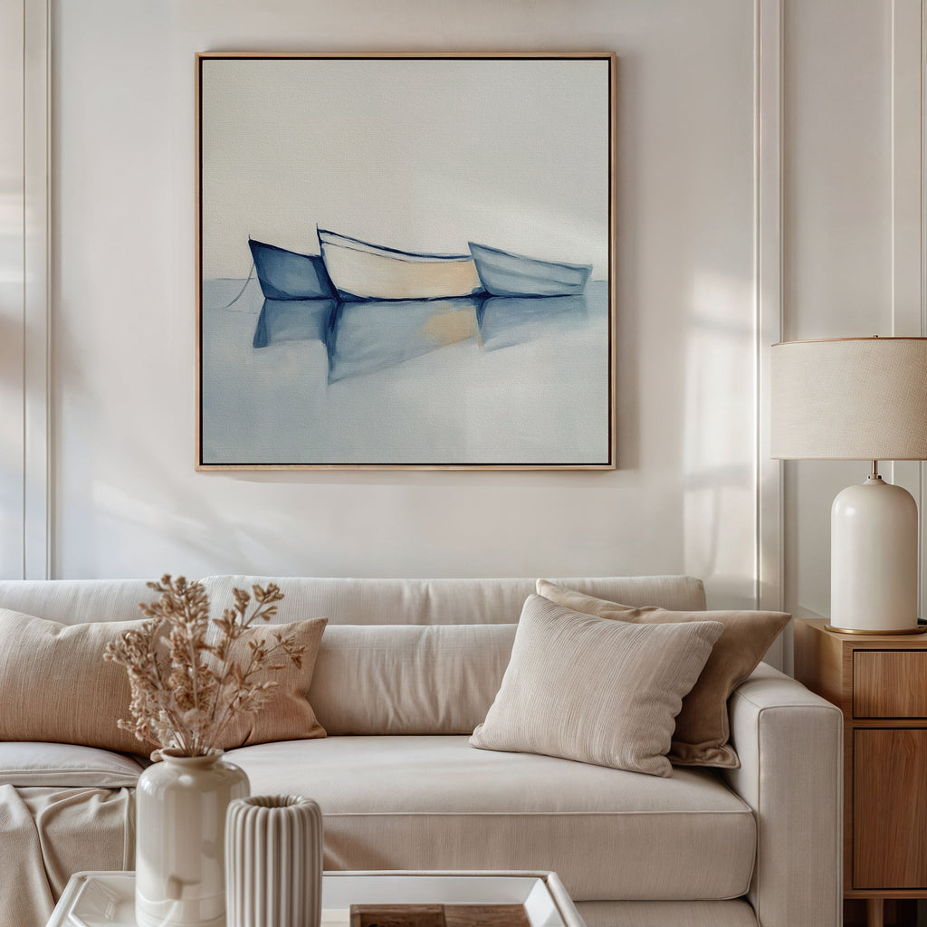 Three Boats at Anchor – blue vintage canvas wall art print by Aspire Prints