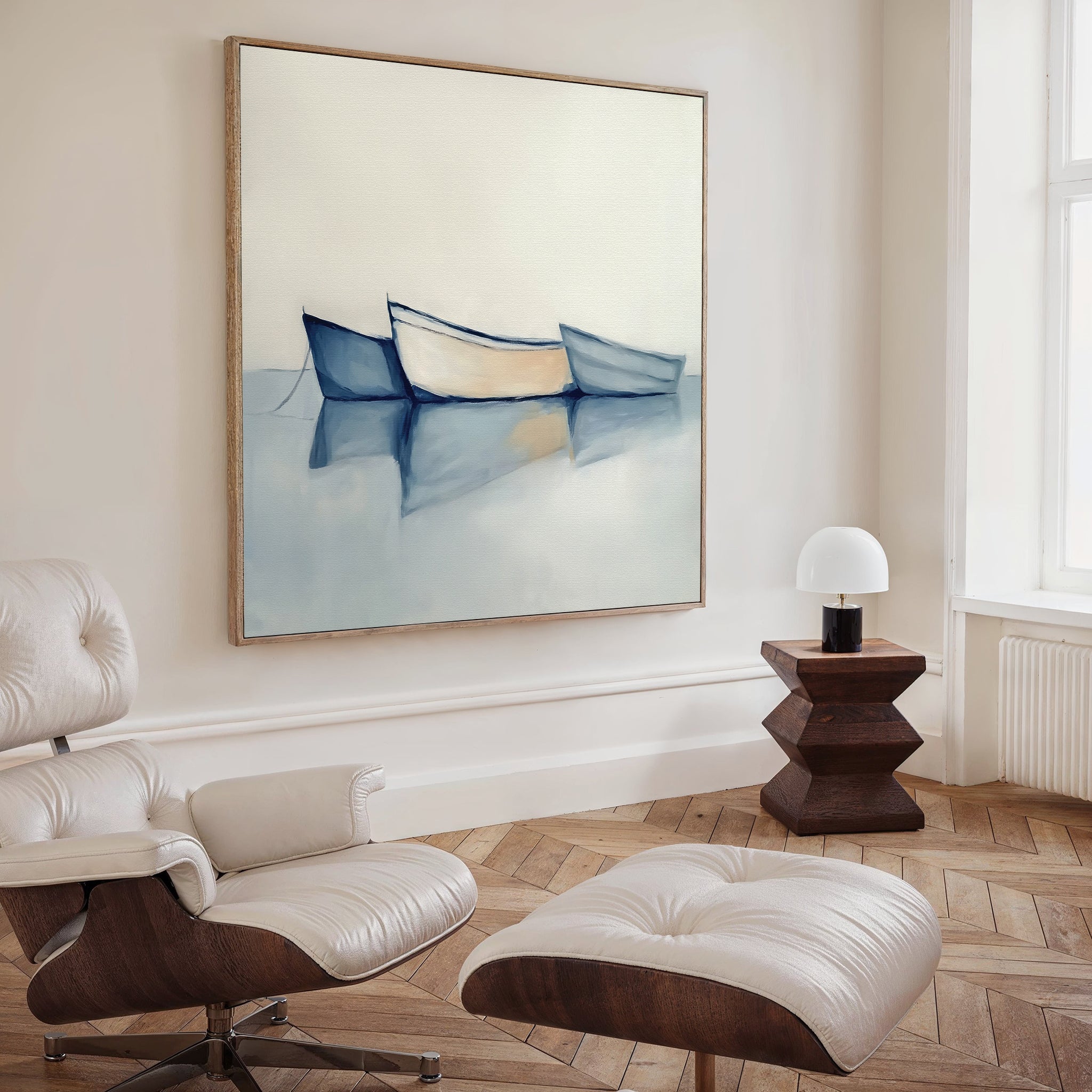 Three Boats at Anchor – blue vintage canvas wall art print by Aspire Prints
