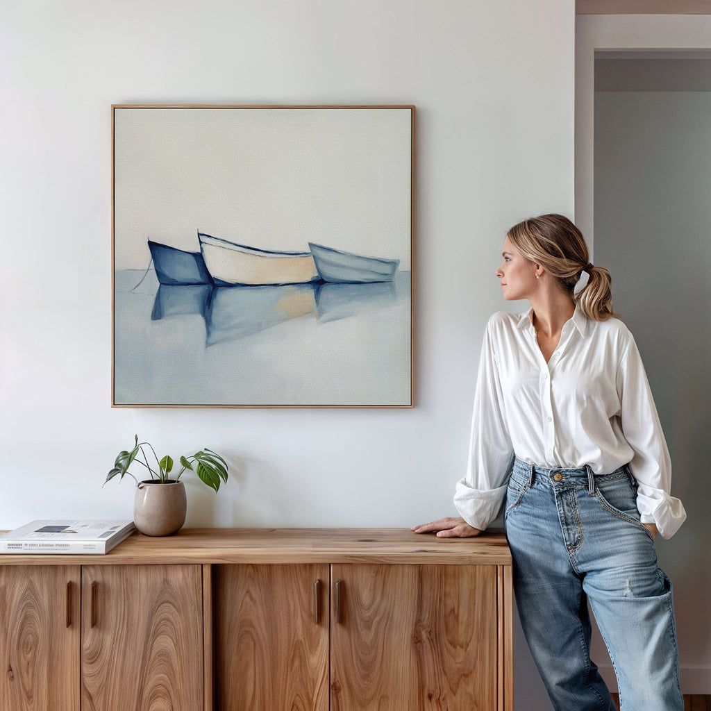 Three Boats at Anchor – blue vintage canvas wall art print by Aspire Prints