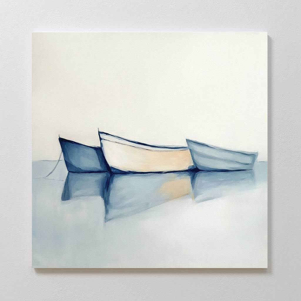 Three Boats at Anchor – blue vintage canvas wall art print by Aspire Prints