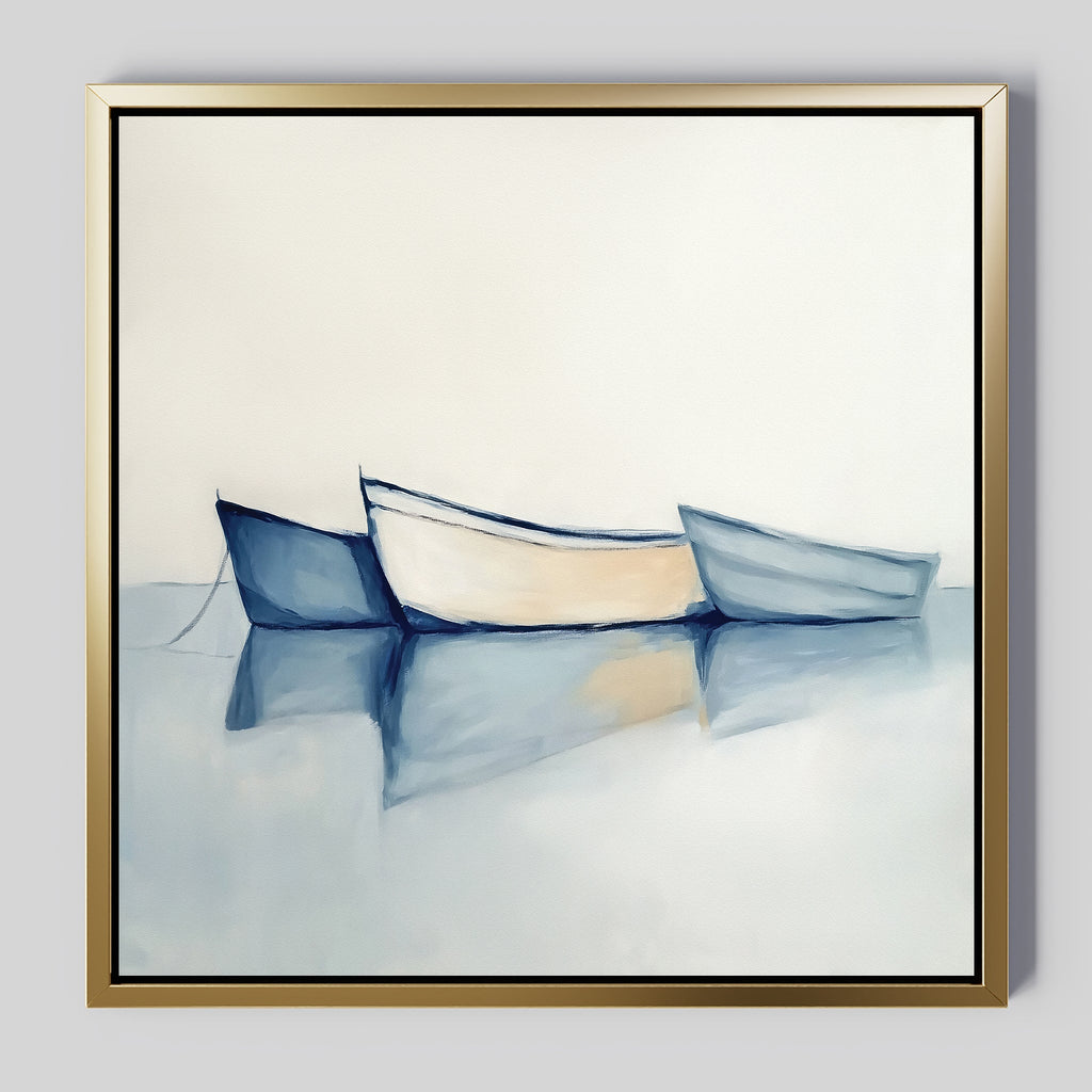 Three Boats at Anchor – blue vintage canvas wall art print by Aspire Prints