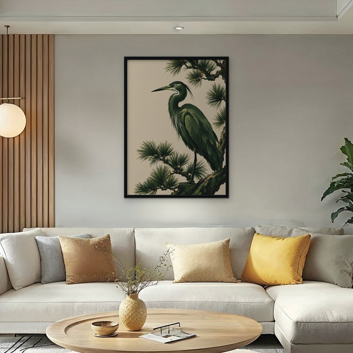 Heron in the Pines Canvas Art - Vertical – Black Floating Frame in room setting