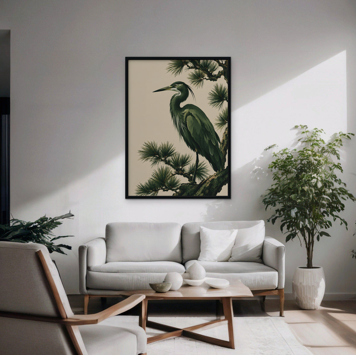 Heron in the Pines Canvas Art - Vertical – Black Floating Frame in room setting