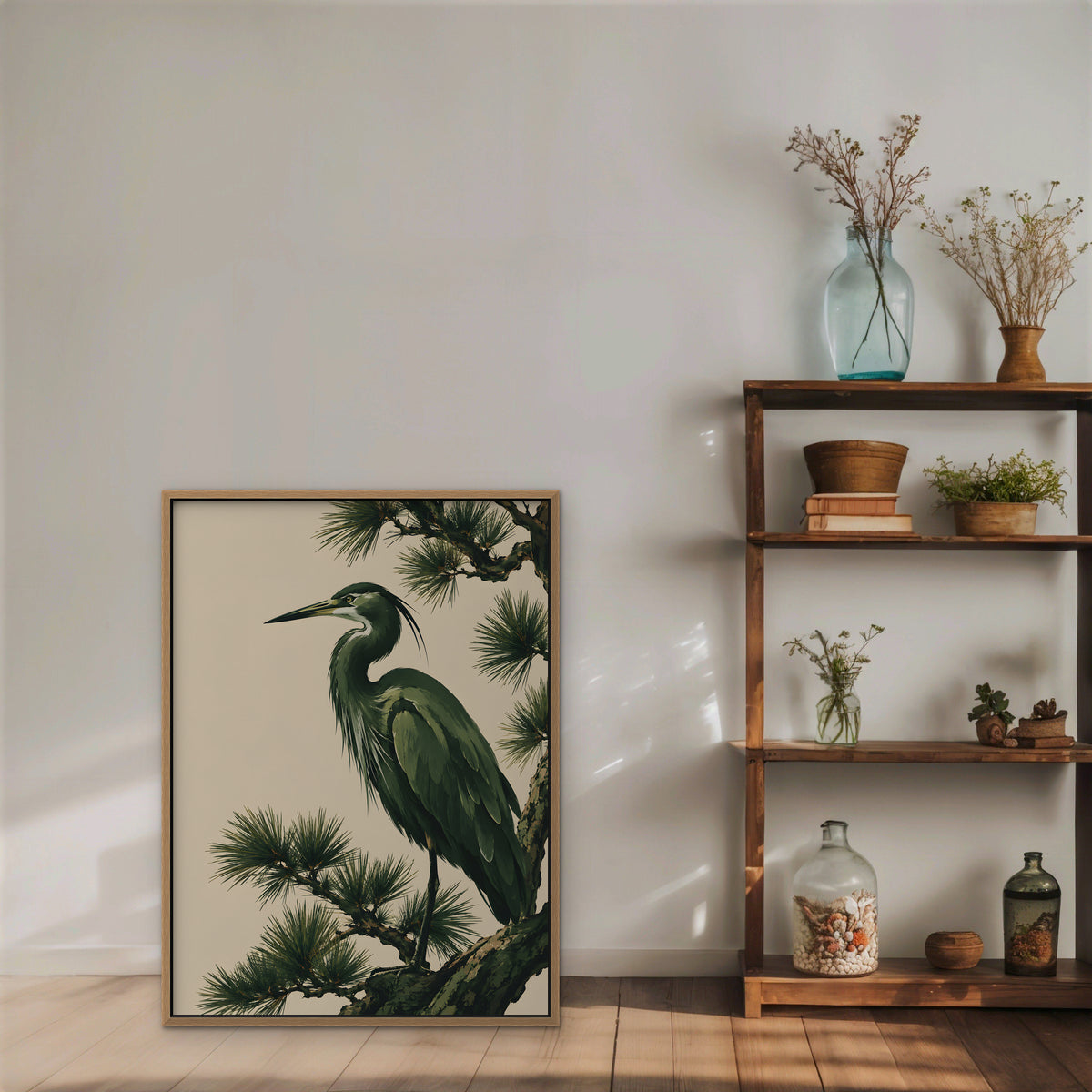 Heron in the Pines Canvas Art - Vertical – Oak Floating Frame in room setting