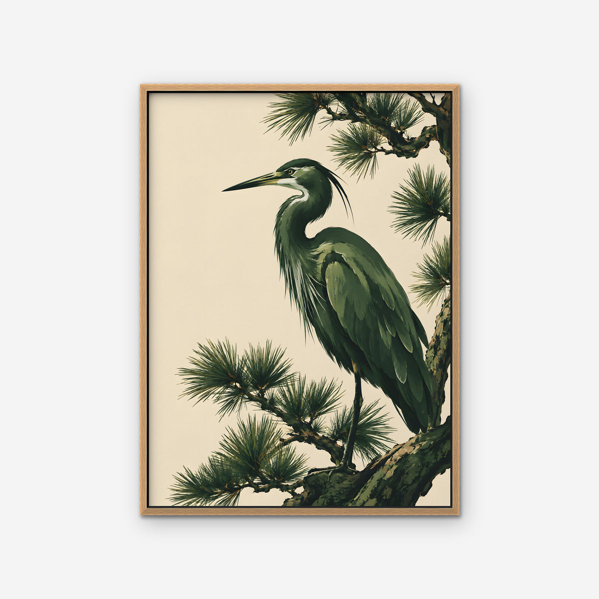 Heron in the Pines Canvas Art - Vertical – Oak Floating Frame on white background