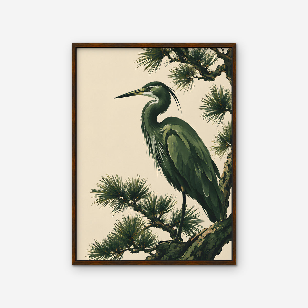 Heron in the Pines Canvas Art - Vertical – Walnut Floating Frame on white background