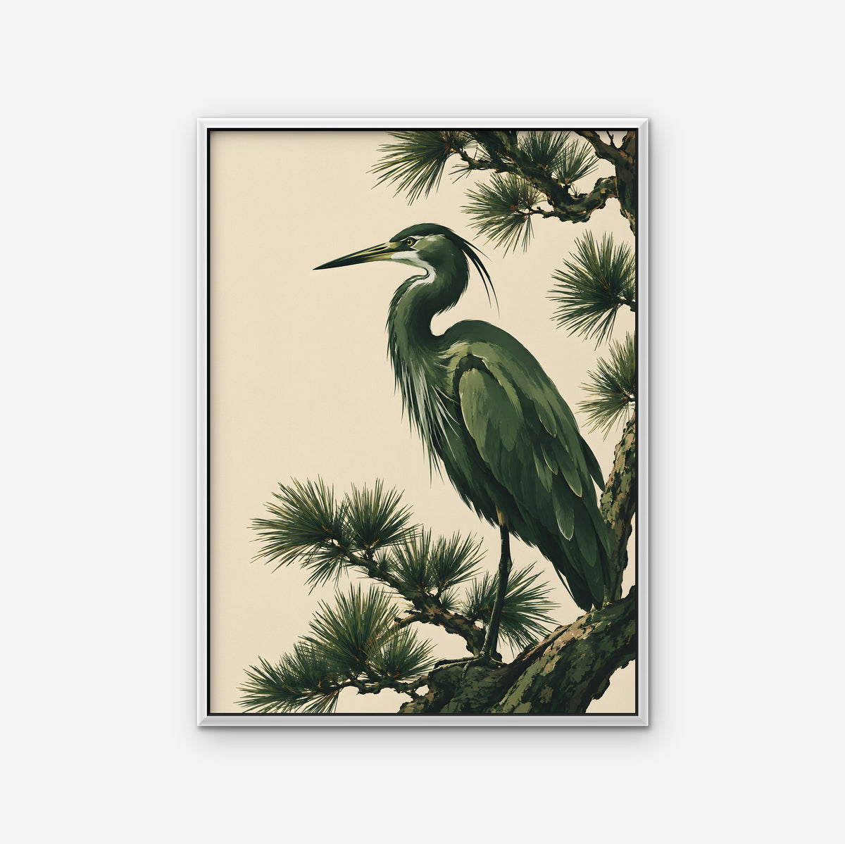 Heron in the Pines Canvas Art - Vertical – White Floating Frame on white background