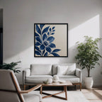 Indigo Bloom Canvas Art - Square – Black Floating Frame in room setting