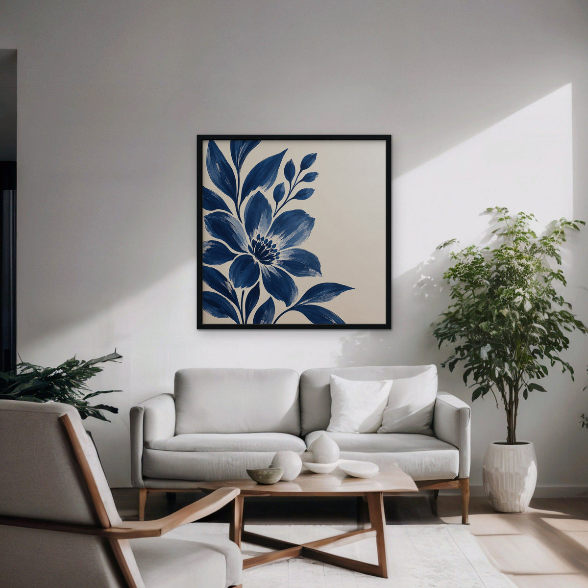 Indigo Bloom Canvas Art - Square – Black Floating Frame in room setting