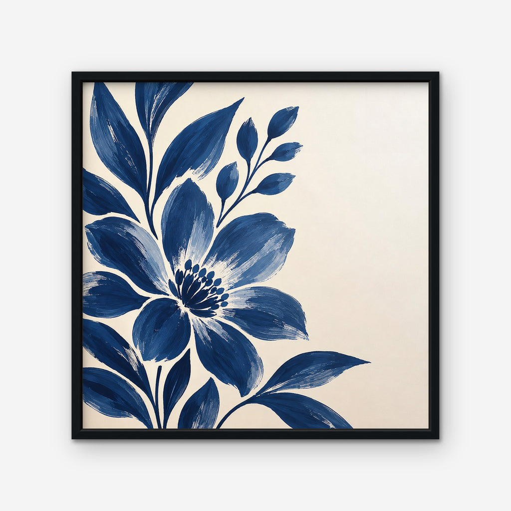 Indigo Bloom Canvas Art - Square – Black Floating Frame on white background