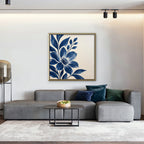 Indigo Bloom Canvas Art - Square – Gold Floating Frame in room setting