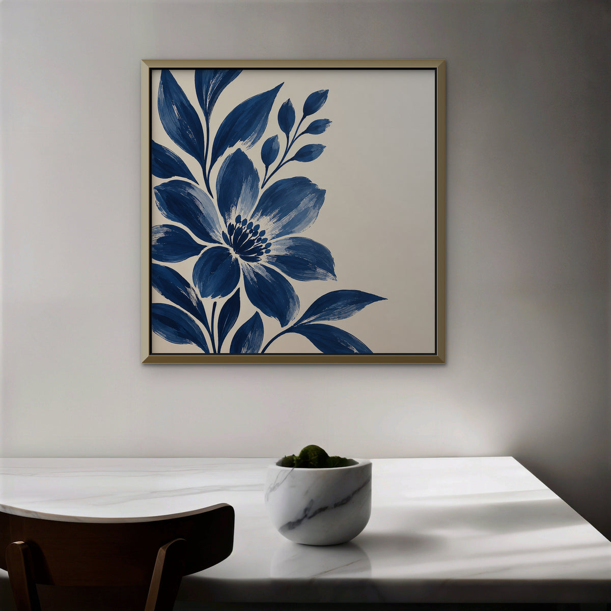 Indigo Bloom Canvas Art - Square – Gold Floating Frame in room setting