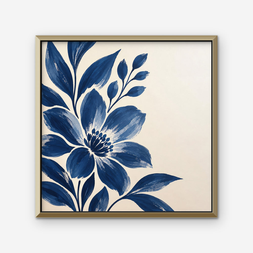 Indigo Bloom Canvas Art - Square – Gold Floating Frame on white background