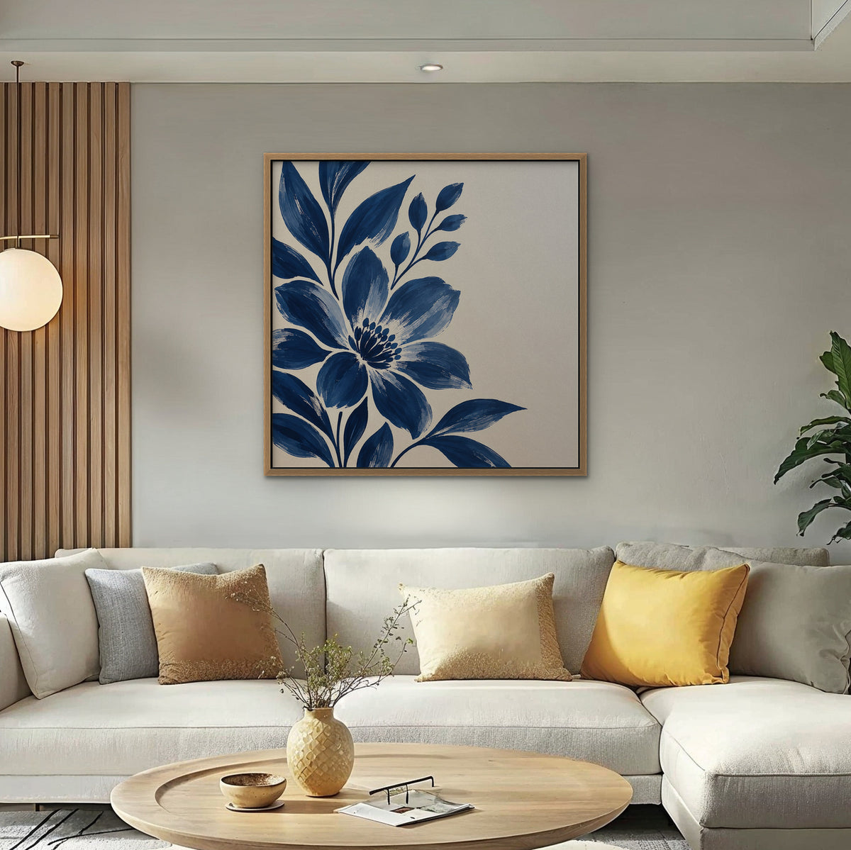 Indigo Bloom Canvas Art - Square – Oak Floating Frame in room setting