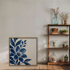 Indigo Bloom Canvas Art - Square – Oak Floating Frame in room setting