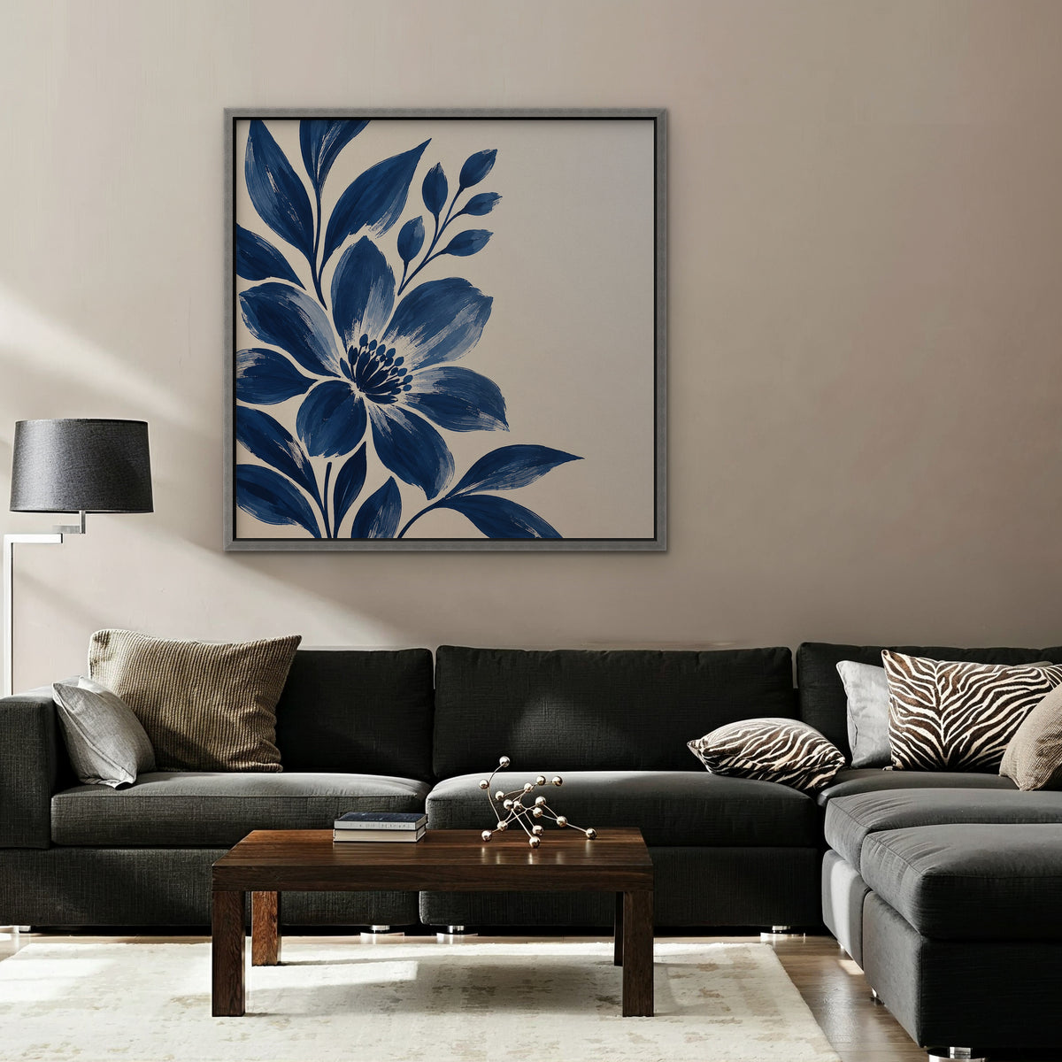 Indigo Bloom Canvas Art - Square – Silver Floating Frame in room setting