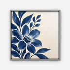 Indigo Bloom Canvas Art - Square – Silver Floating Frame on white background