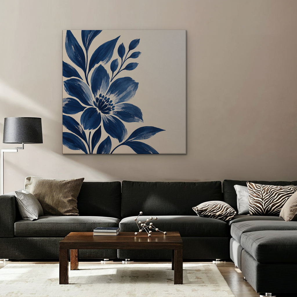 Indigo Bloom Canvas Art - Square – Stretched Canvas Only in room setting