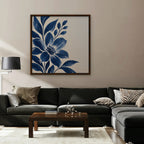 Indigo Bloom Canvas Art - Square – Walnut Floating Frame in room setting