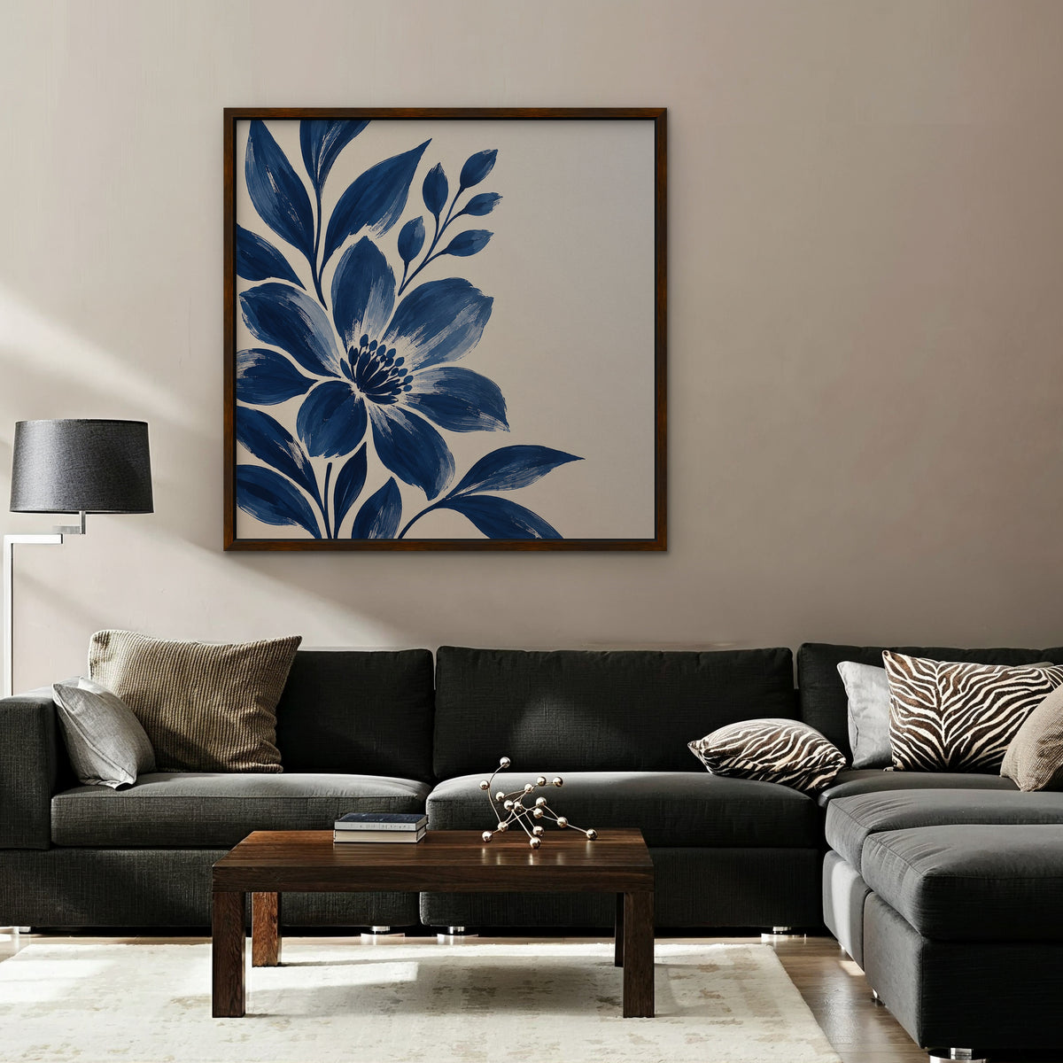Indigo Bloom Canvas Art - Square – Walnut Floating Frame in room setting