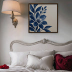 Indigo Bloom Canvas Art - Square – Walnut Floating Frame in room setting