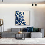 Indigo Bloom Canvas Art - Square – White Floating Frame in room setting