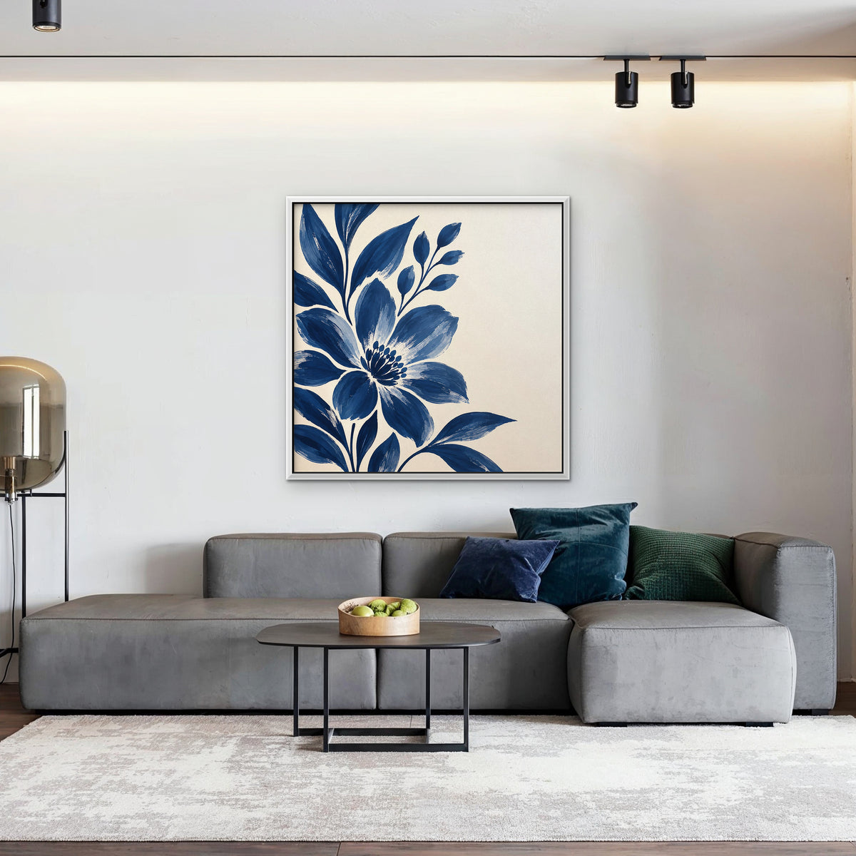 Indigo Bloom Canvas Art - Square – White Floating Frame in room setting