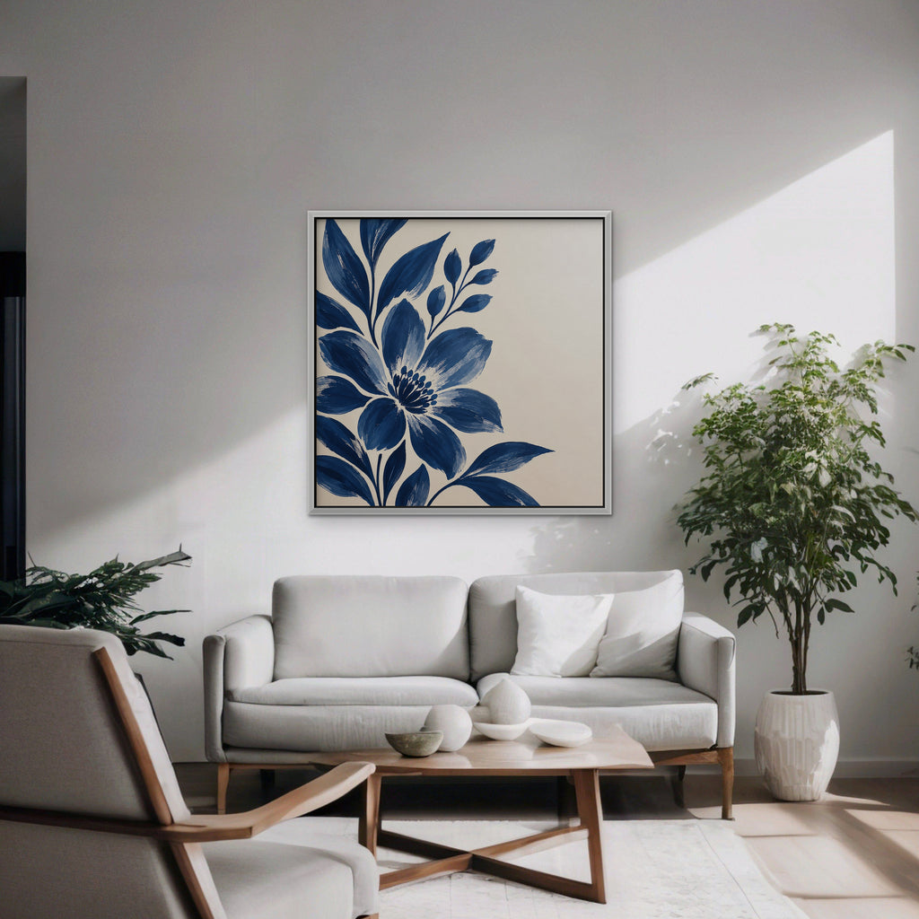 Indigo Bloom Canvas Art - Square – White Floating Frame in room setting
