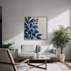 Indigo Bloom Canvas Art - Square – White Floating Frame in room setting