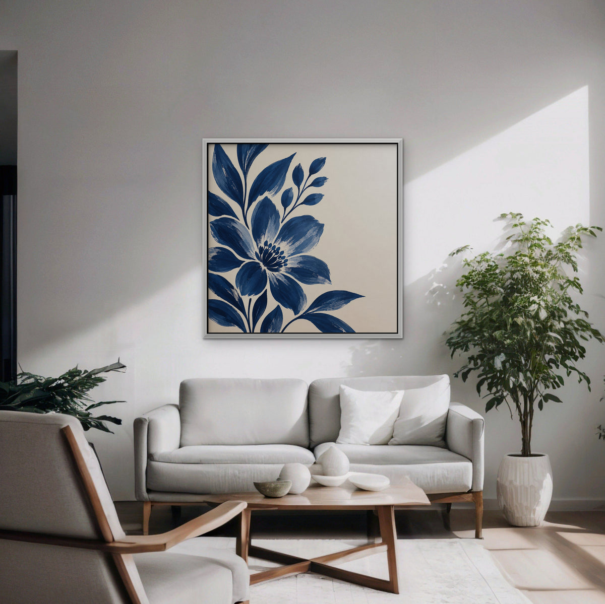 Indigo Bloom Canvas Art - Square – White Floating Frame in room setting