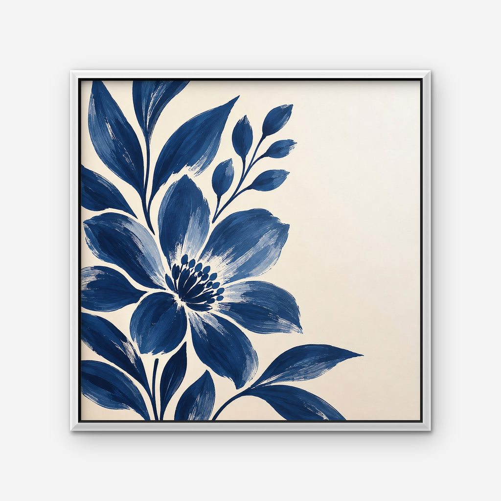 Indigo Bloom Canvas Art - Square – White Floating Frame on white background