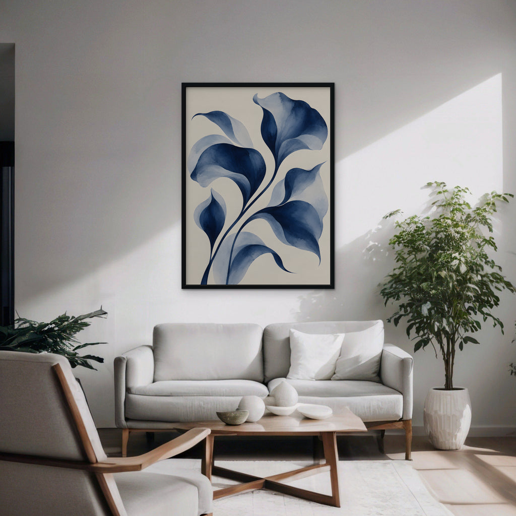 Indigo Watercolor Leaves Canvas Art - Vertical – Black Floating Frame in room setting