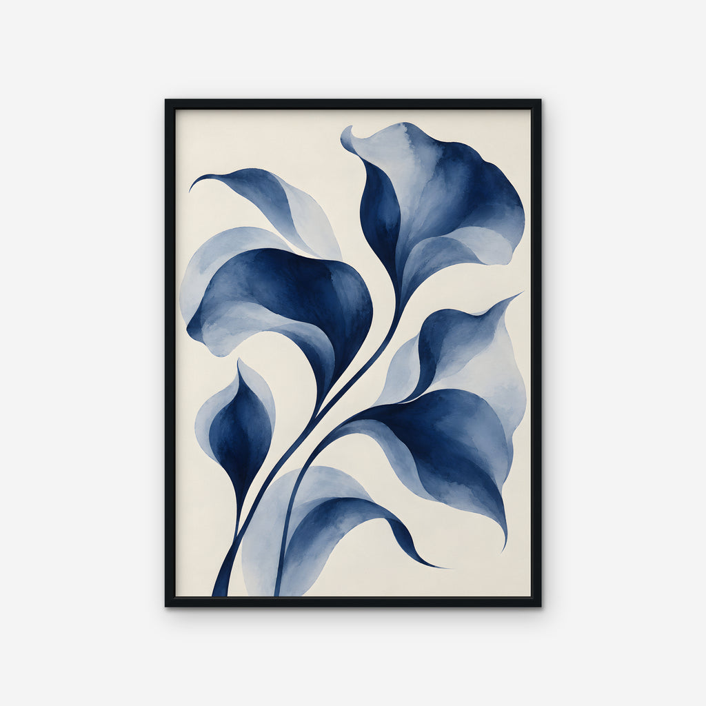 Indigo Watercolor Leaves Canvas Art - Vertical – Black Floating Frame on white background