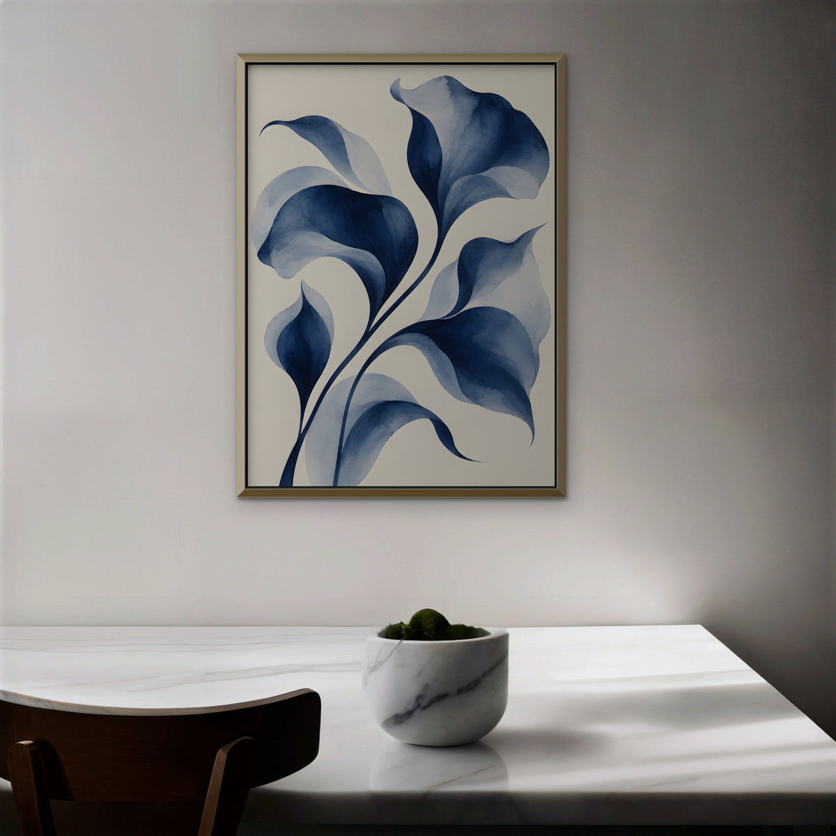 Indigo Watercolor Leaves Canvas Art - Vertical – Gold Floating Frame in room setting