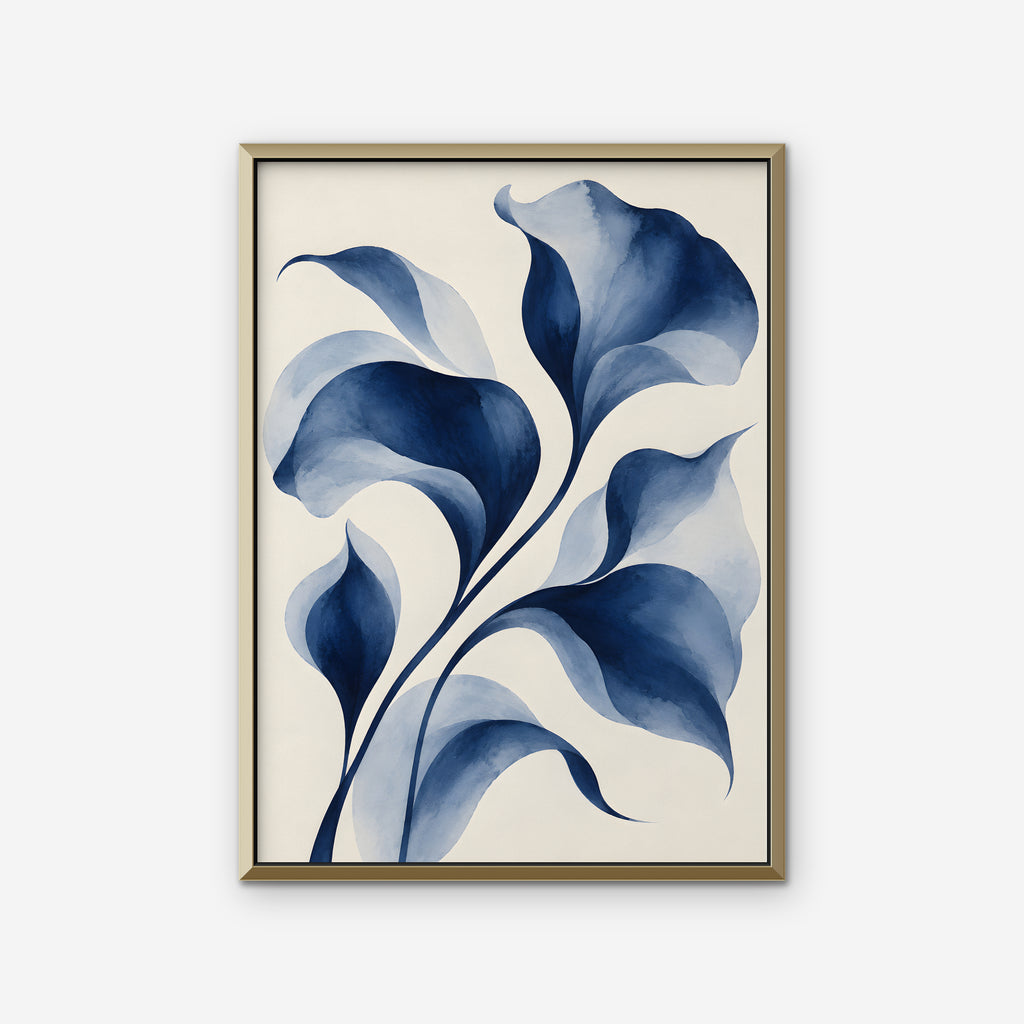 Indigo Watercolor Leaves Canvas Art - Vertical – Gold Floating Frame on white background