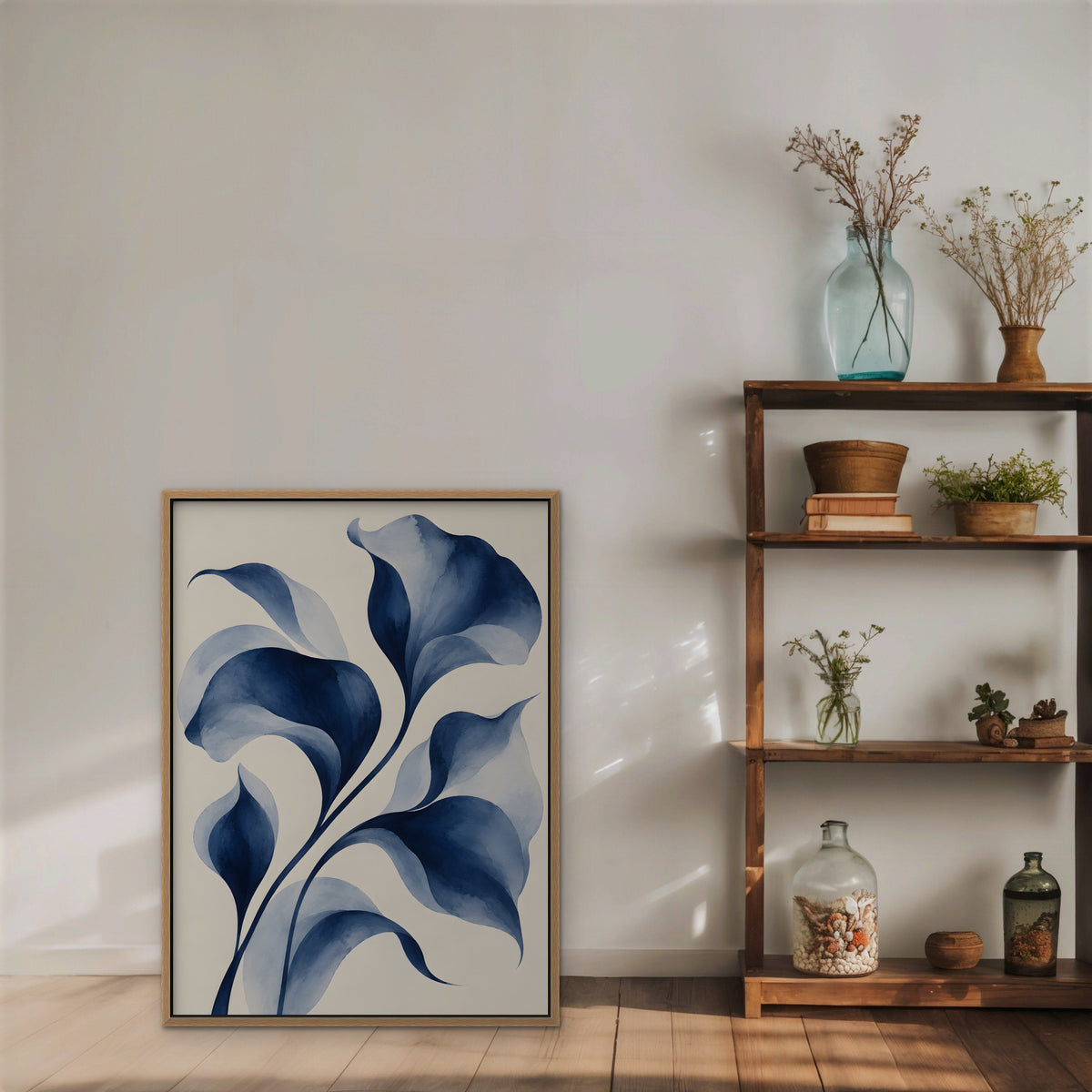 Indigo Watercolor Leaves Canvas Art - Vertical – Oak Floating Frame in room setting