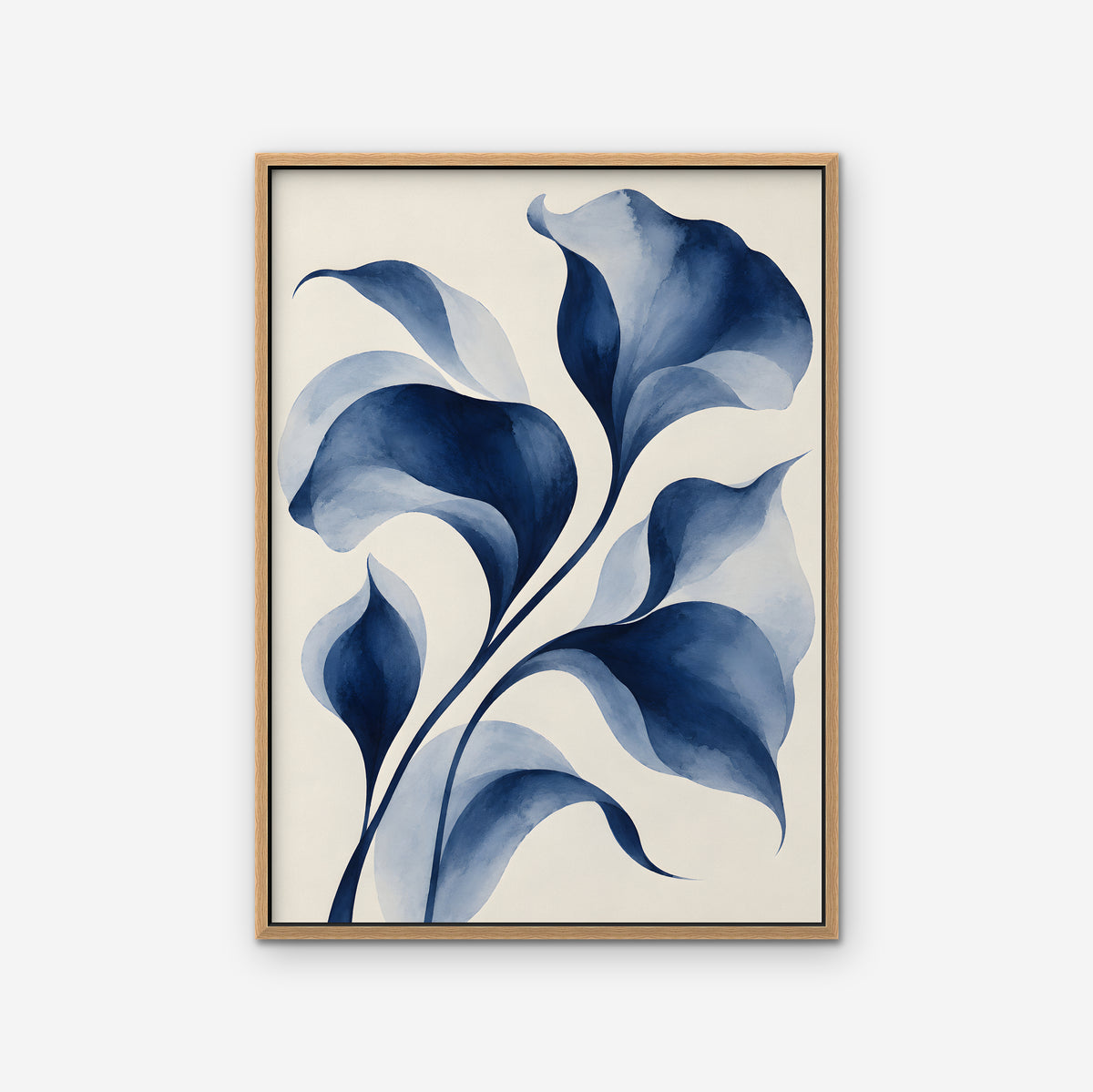Indigo Watercolor Leaves Canvas Art - Vertical – Oak Floating Frame on white background