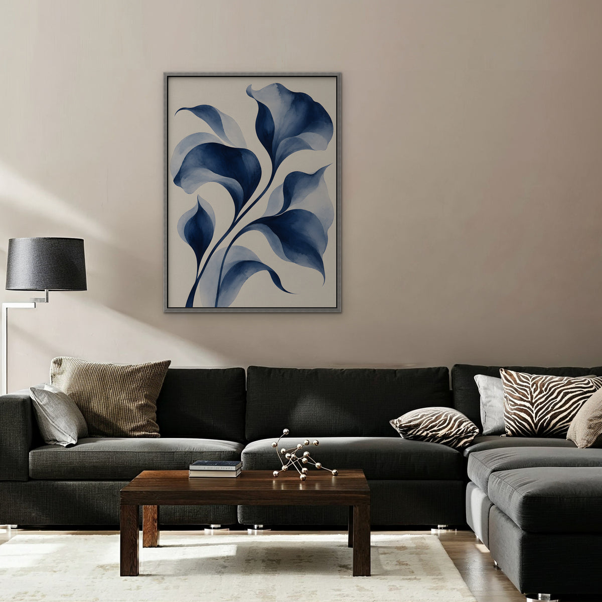 Indigo Watercolor Leaves Canvas Art - Vertical – Silver Floating Frame in room setting