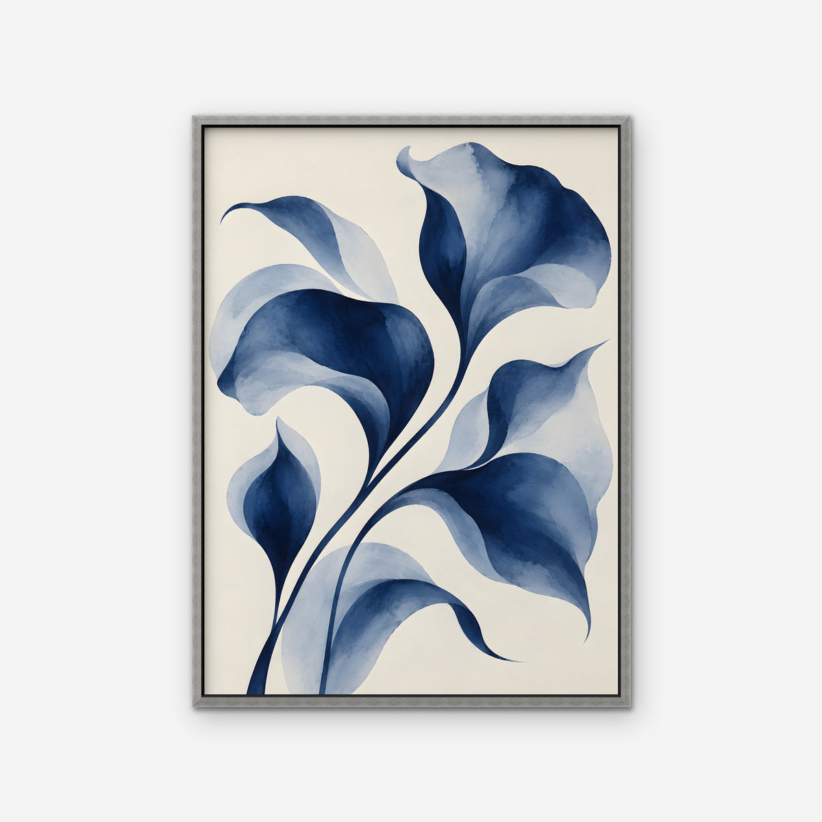 Indigo Watercolor Leaves Canvas Art - Vertical – Silver Floating Frame on white background