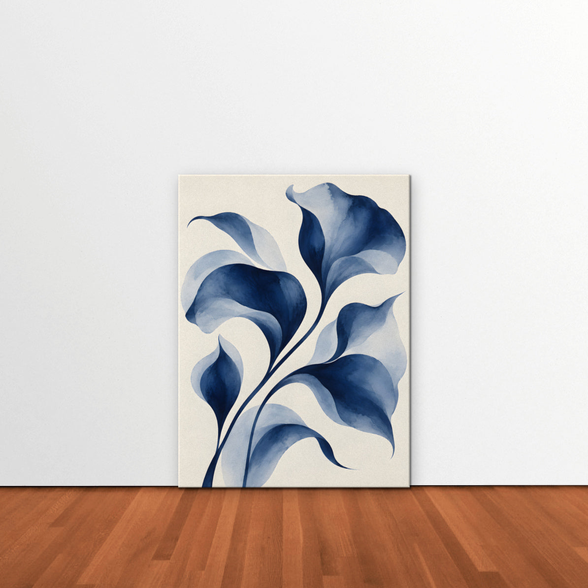 Indigo Watercolor Leaves Canvas Art - Vertical – Stretched Canvas Only in room setting